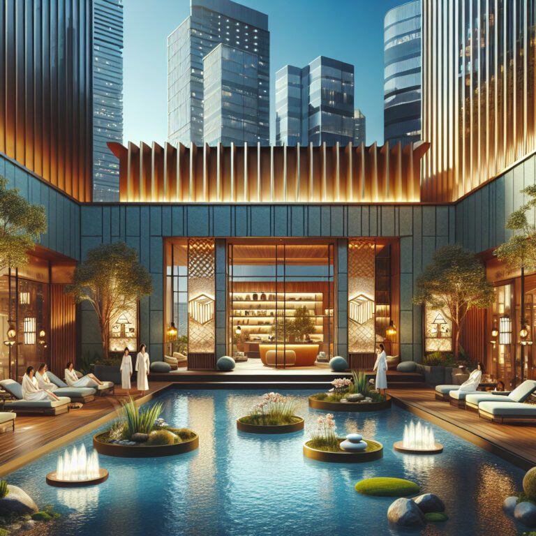 Luxury spa courtyard with pool and skyscrapers
