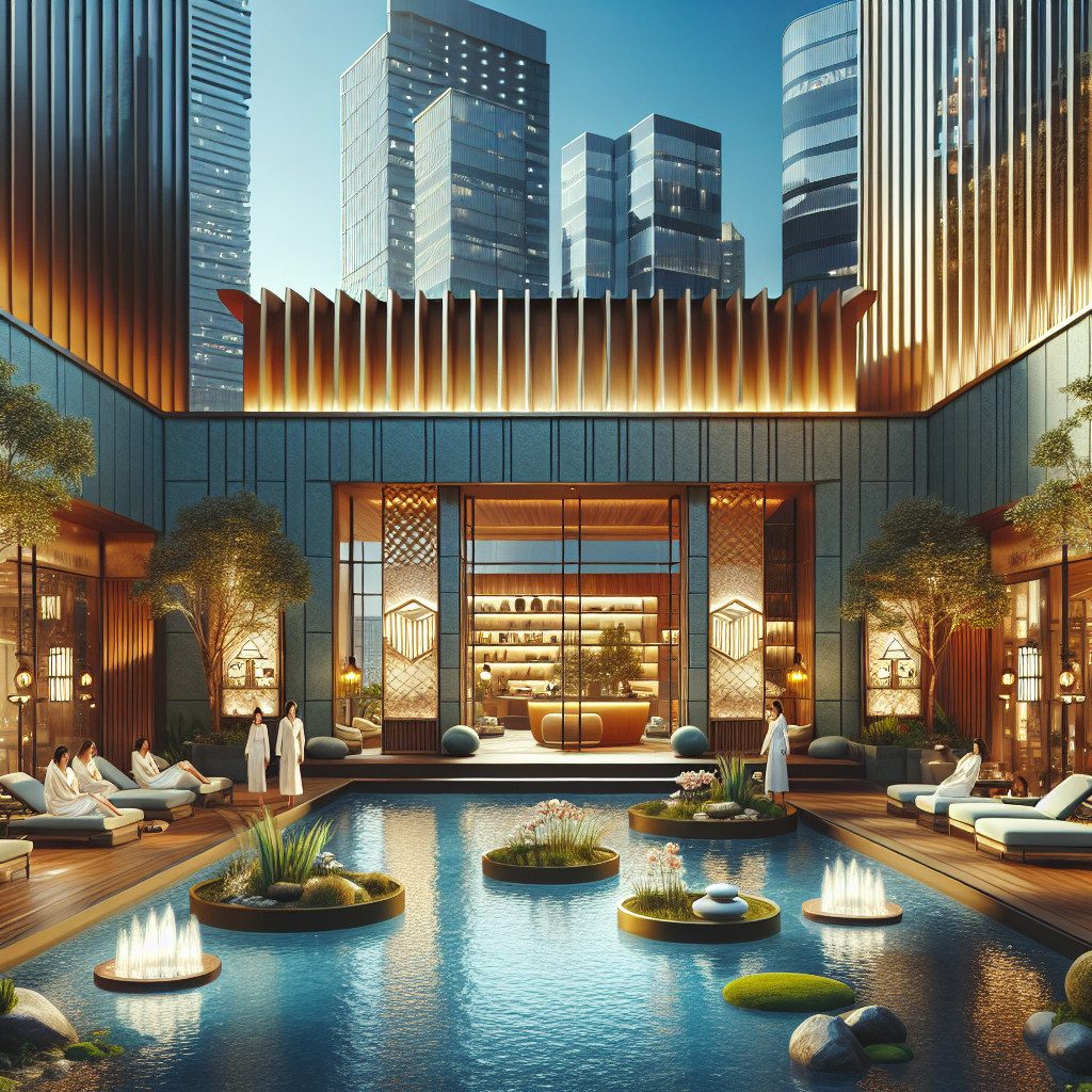 Luxury spa courtyard with pool and skyscrapers
