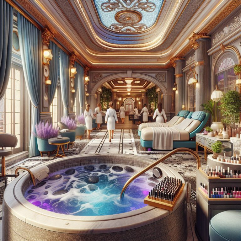 Luxurious spa interior with jacuzzi and therapists