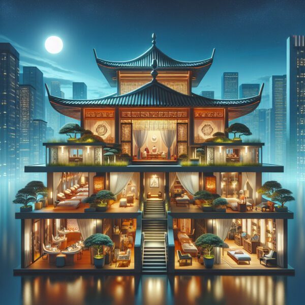 Luxury pagoda-style house cutaway in city at night