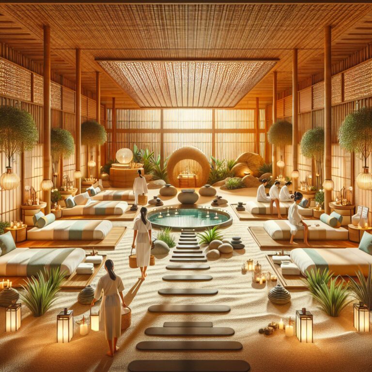 Serene Japanese-style spa interior with central pool