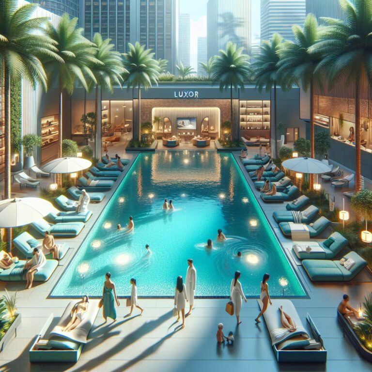 Luxury hotel pool courtyard with palm trees and loungers