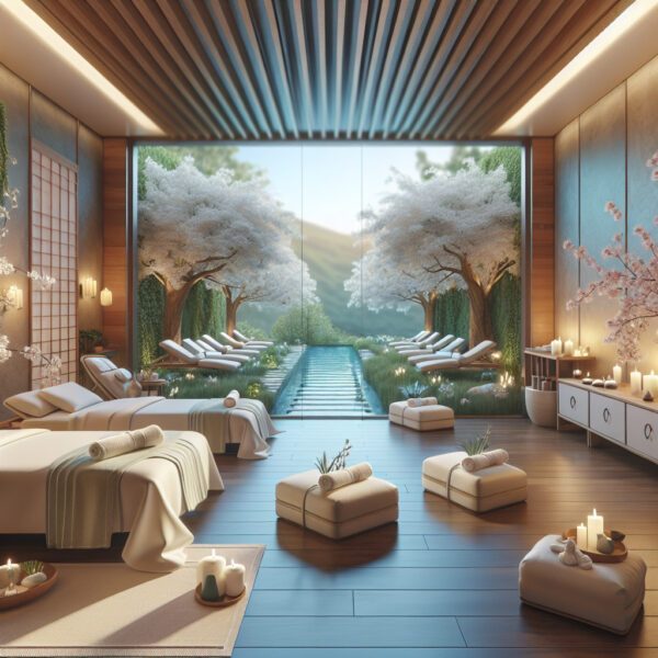 Luxury spa interior overlooking tranquil cherry blossom garden