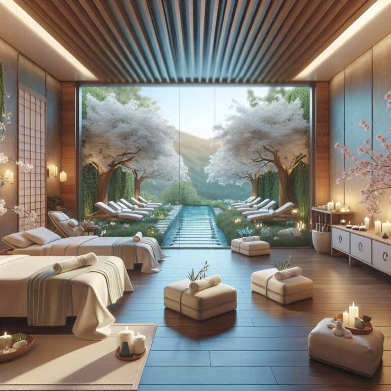 Luxury spa interior overlooking tranquil cherry blossom garden