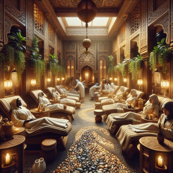Ornate Moroccan hammam spa with women relaxing indoors