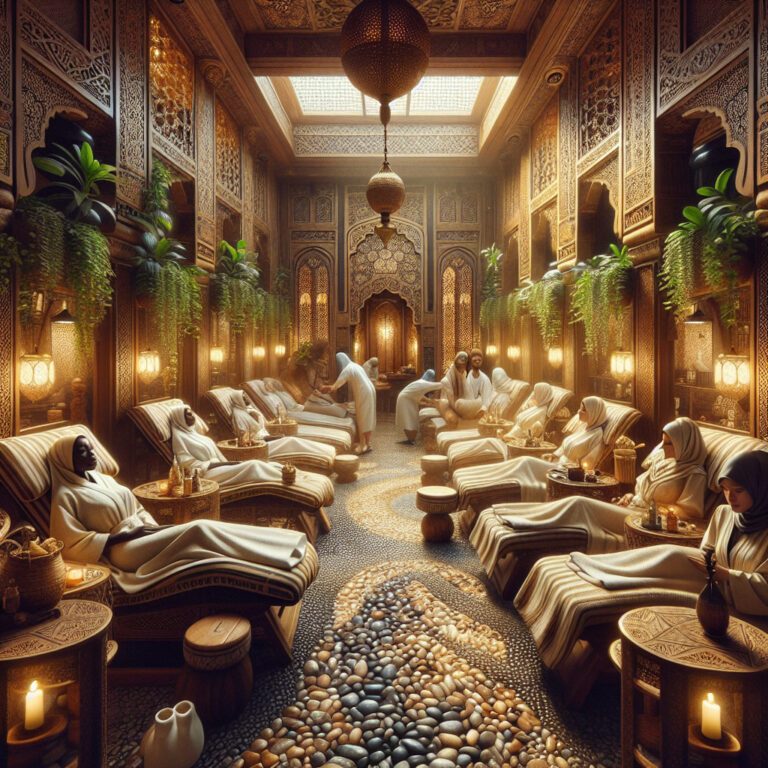Ornate Moroccan hammam spa with women relaxing indoors