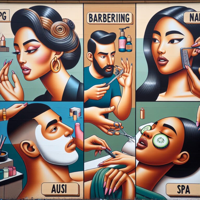Illustrated beauty salon services: barbering, nails and spa