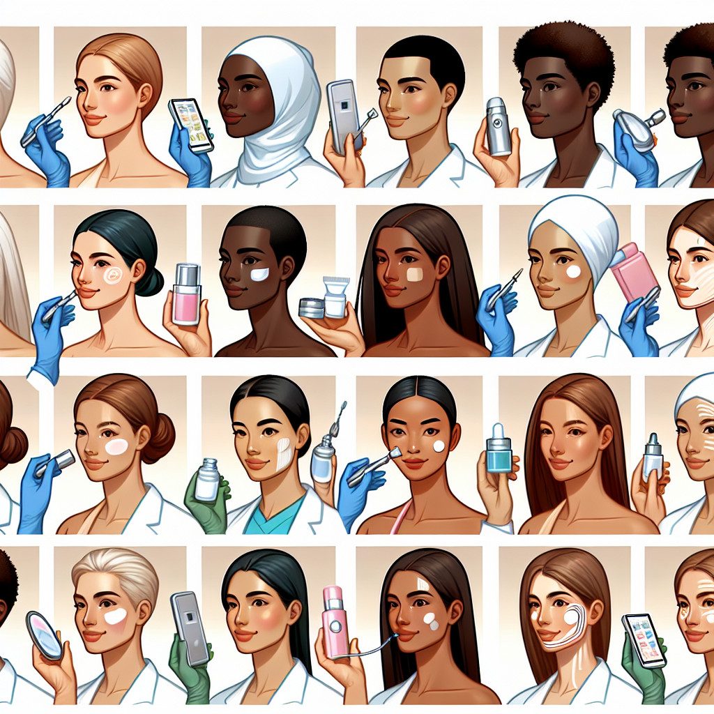 Illustrated diverse women applying skincare products and devices