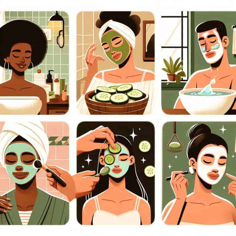 Illustrated skincare routine with face masks and cucumbers