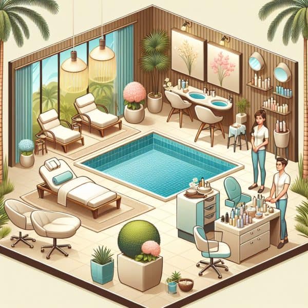 Modern spa interior with pool and treatment areas