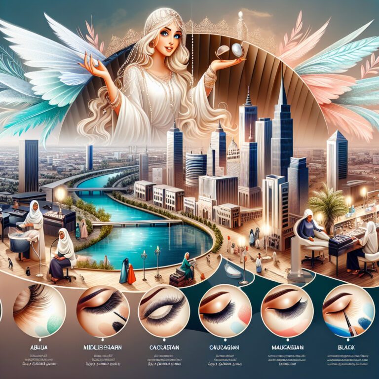 Angelic woman over modern city with makeup examples