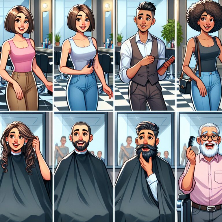 Illustrated salon transformations of men and women hairstyles