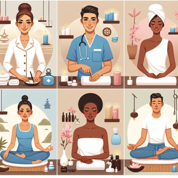 Illustrated spa, massage and yoga wellness scenes