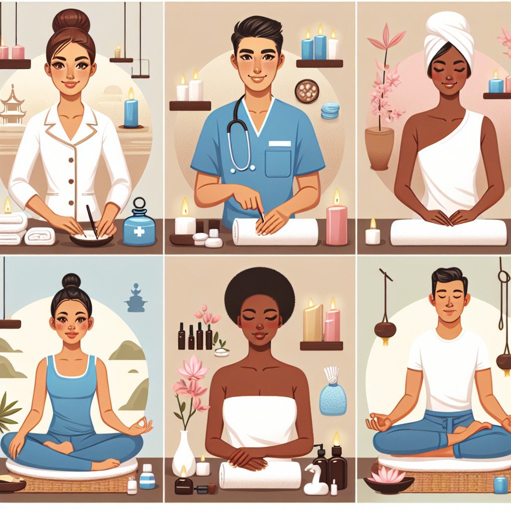 Illustrated spa, massage and yoga wellness scenes