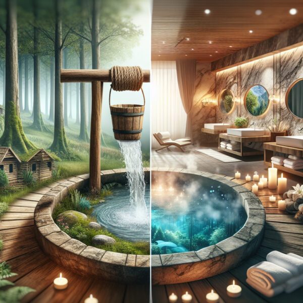 Forest well and luxury spa split scene