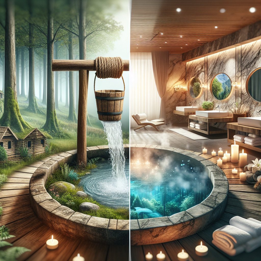 Forest well and luxury spa split scene