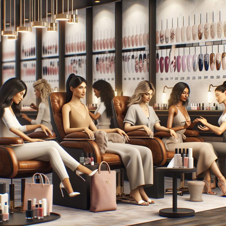 Women receiving manicures in stylish modern nail salon