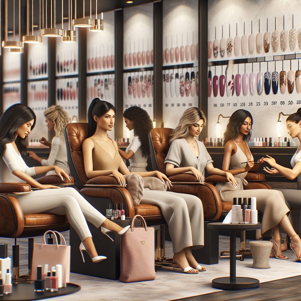 Women receiving manicures in stylish modern nail salon