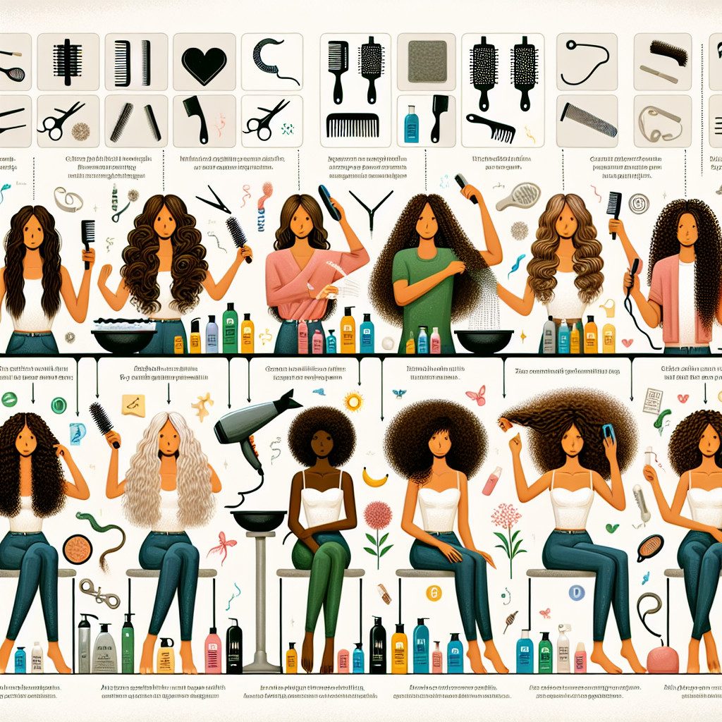Illustrated curly hair care routine with tools and products
