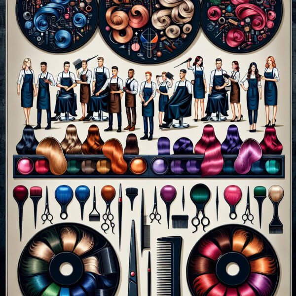 Illustrated hairdressers with colourful hair samples and tools