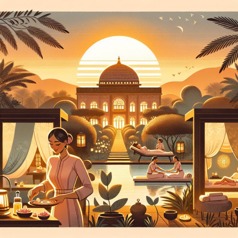 Luxury spa resort at sunset with domed palace
