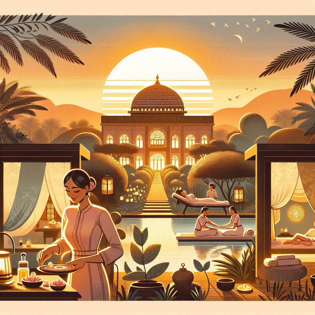 Luxury spa resort at sunset with domed palace