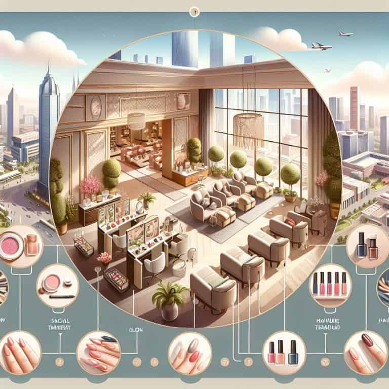 Luxury nail salon interior with city skyline view