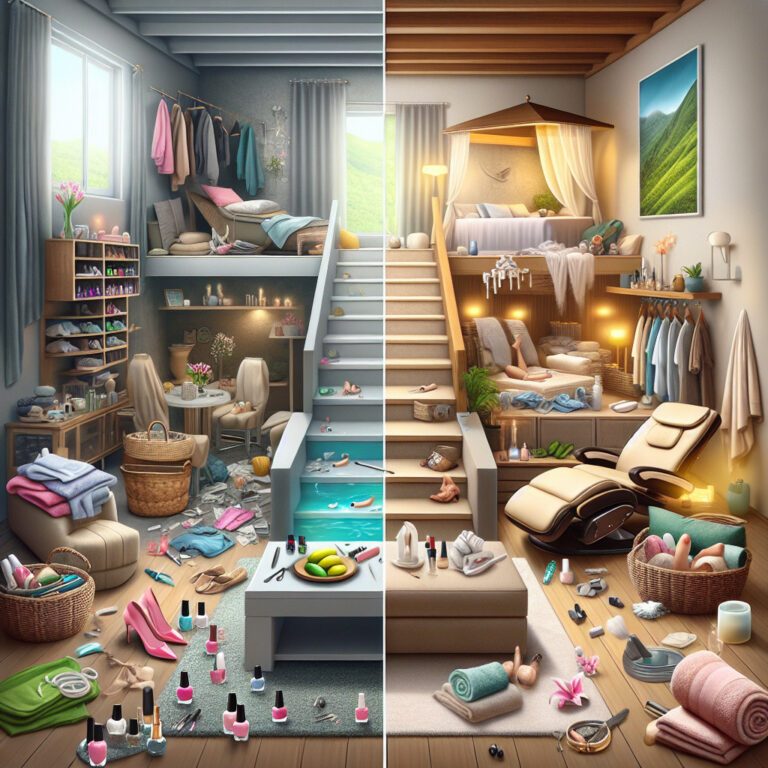 Split image of messy and tidy bedroom interior