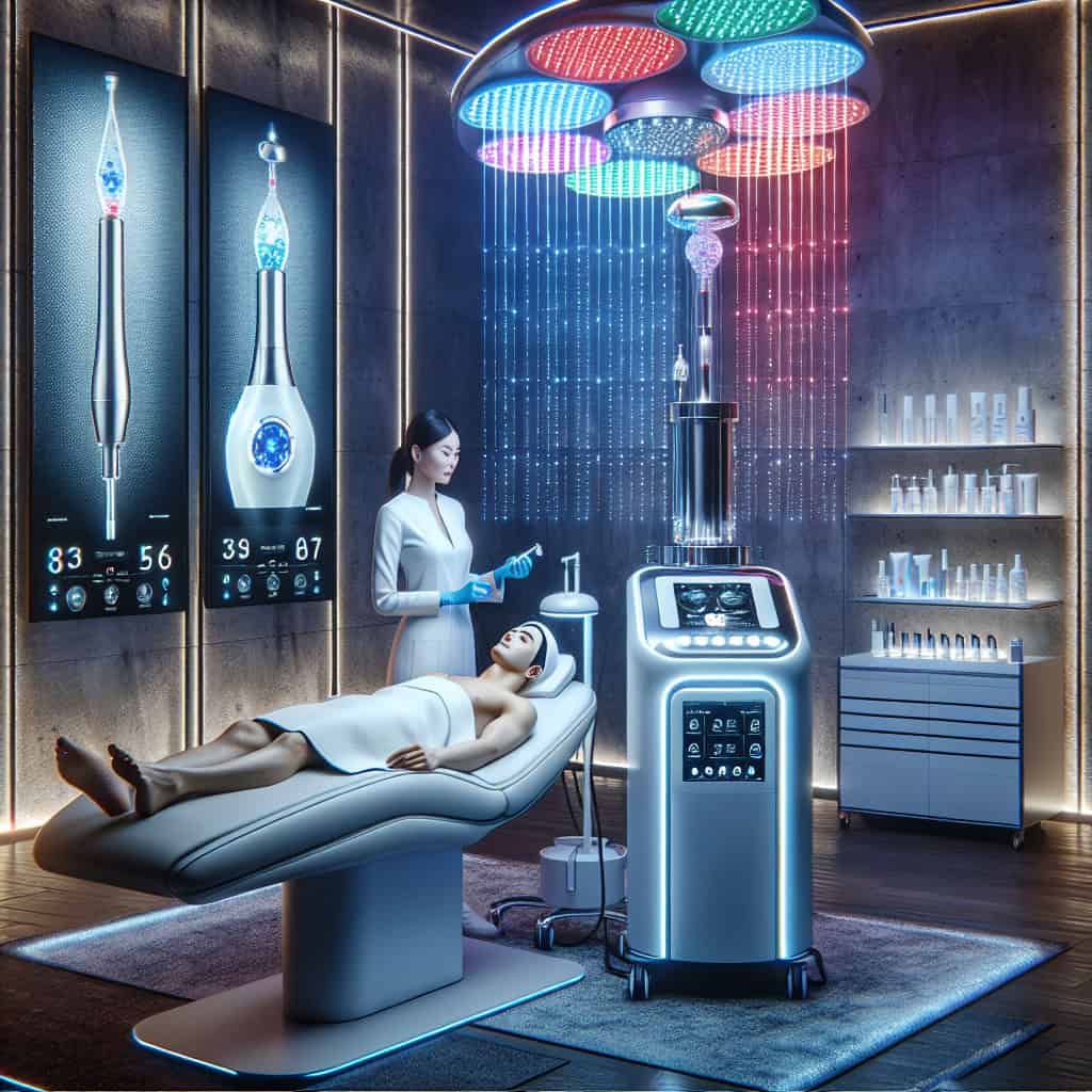 Futuristic beauty clinic with LED facial treatment