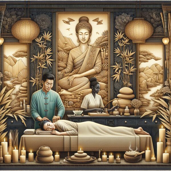 Serene spa massage beneath large Buddha mural