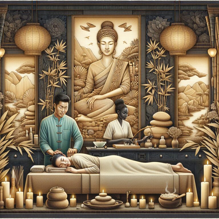 Serene spa massage beneath large Buddha mural