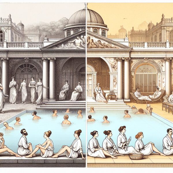 Split illustration of classical Roman bathhouse and spa