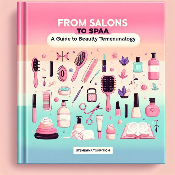 Beauty terminology guide book with salon tools illustration
