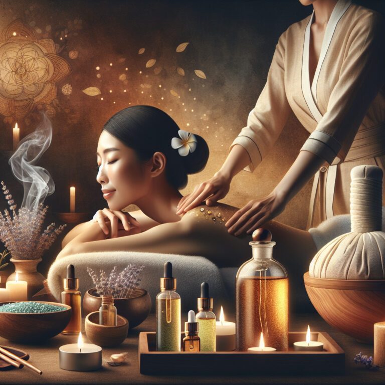 Woman receiving relaxing spa massage with candles and oils