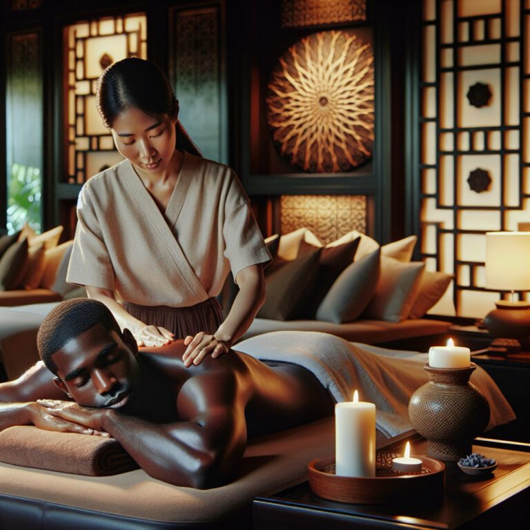 Man receiving massage in candlelit spa room