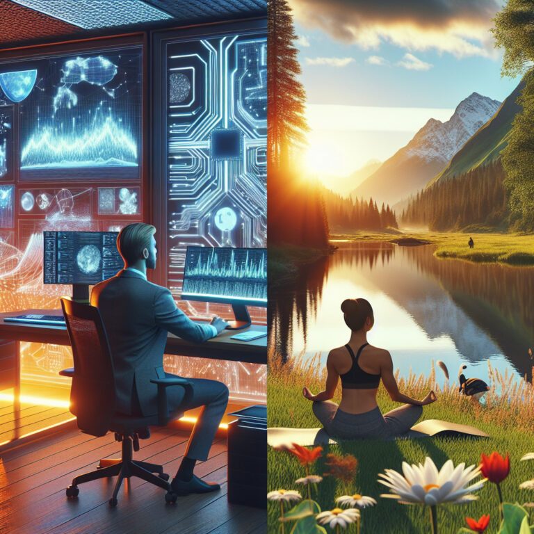 Man analysing AI screens; woman meditating by river