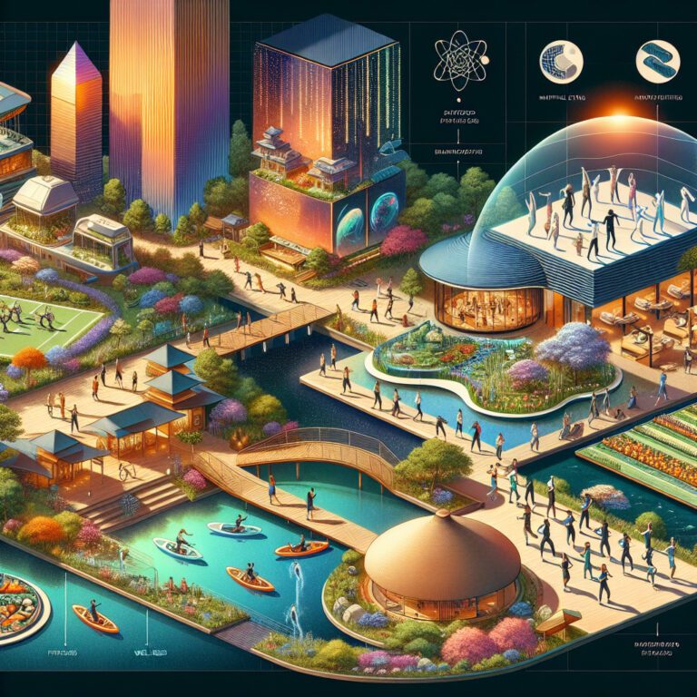 Futuristic eco city with gardens, waterways and people exercising