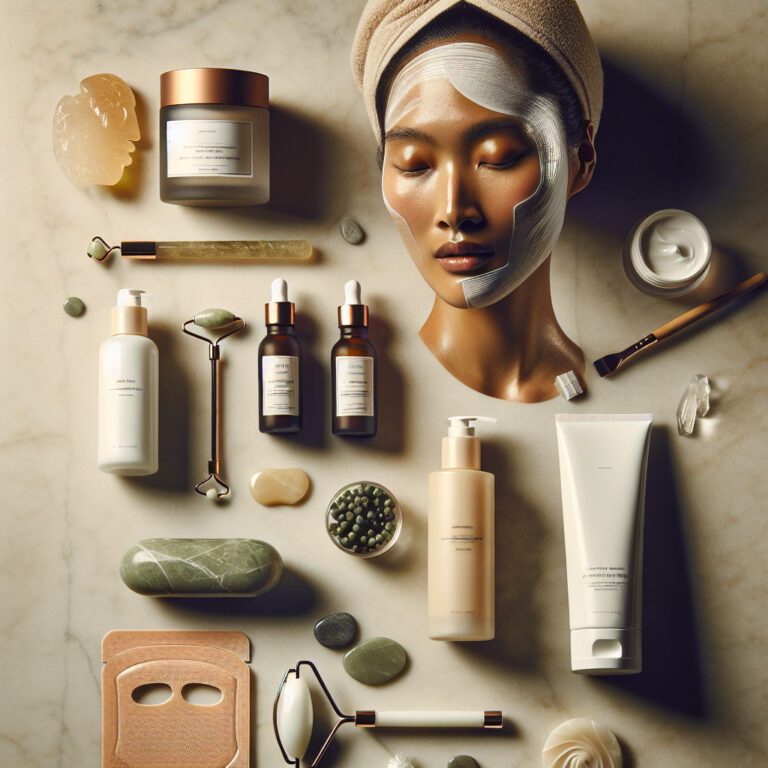 Skincare products arranged around mannequin with facial mask