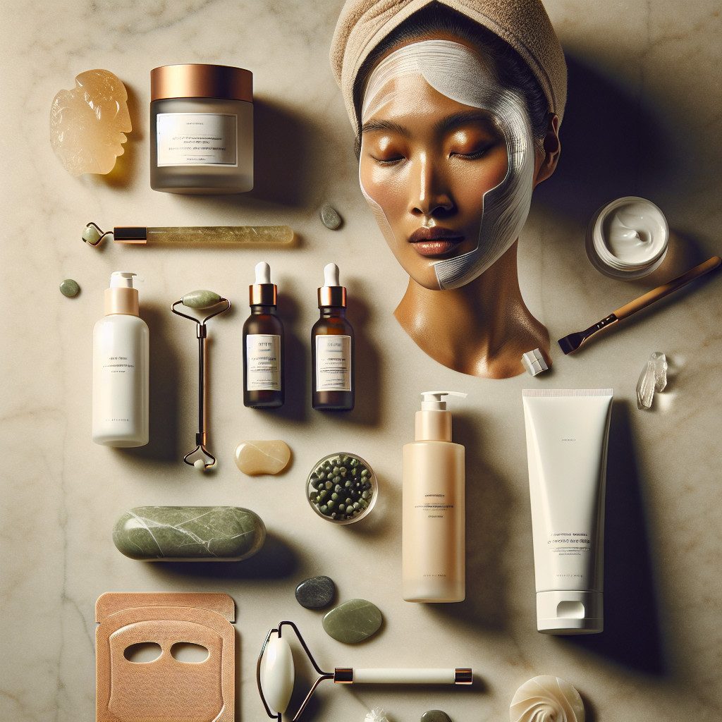 Skincare products arranged around mannequin with facial mask