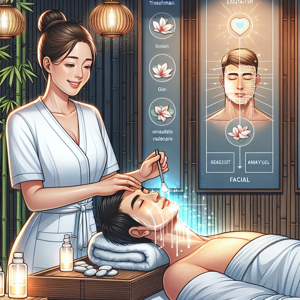 Spa therapist applying facial treatment to relaxed man