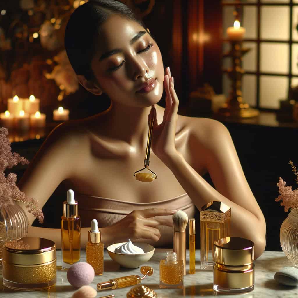 Woman using facial roller with luxury skincare products