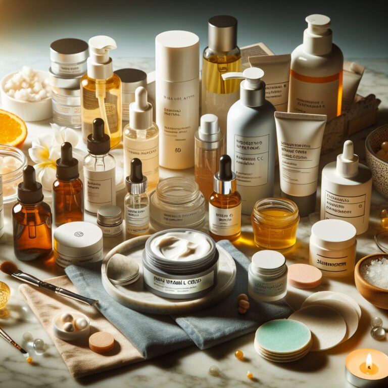 Assorted skincare products, creams and serums on table