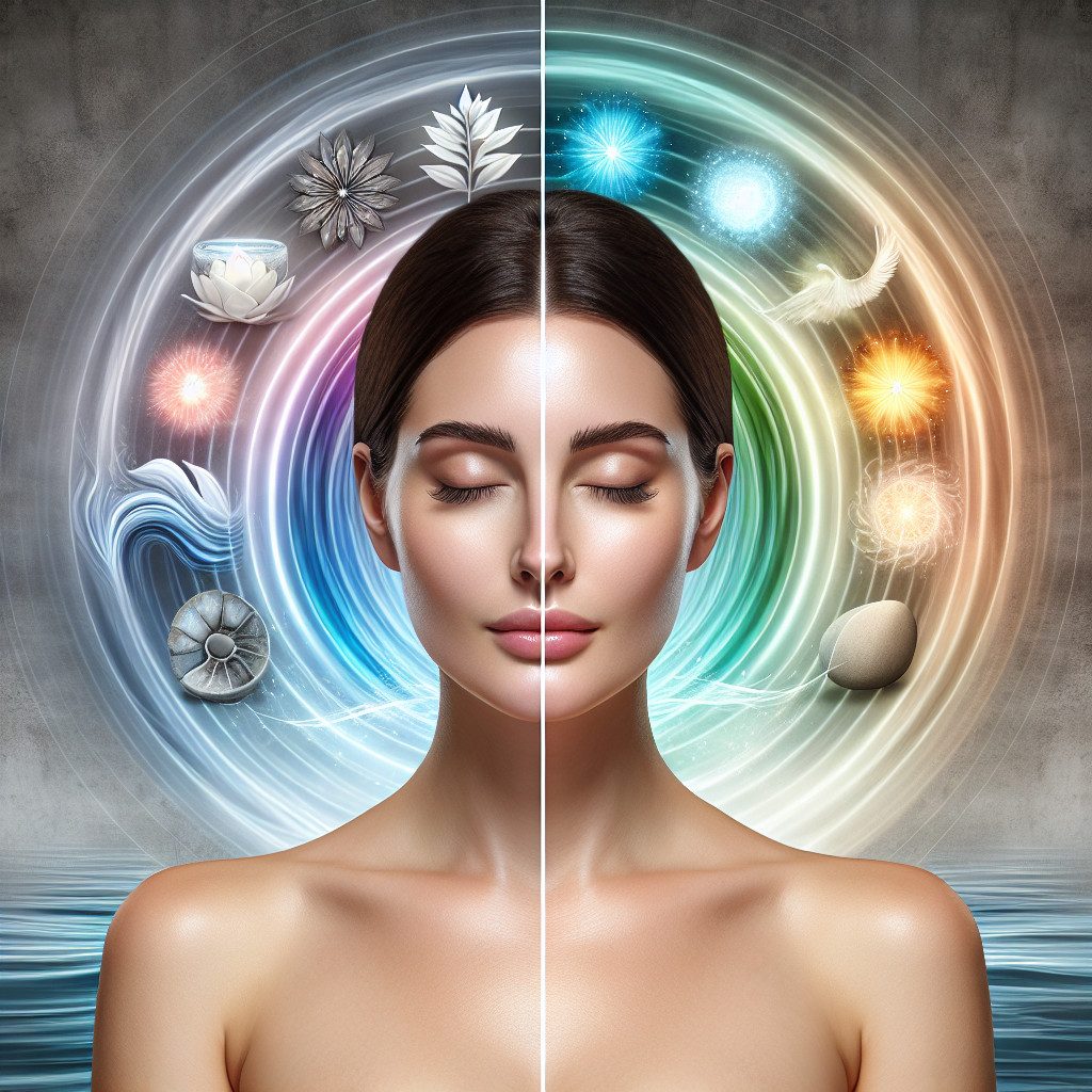 Serene woman surrounded by elemental symbols and light