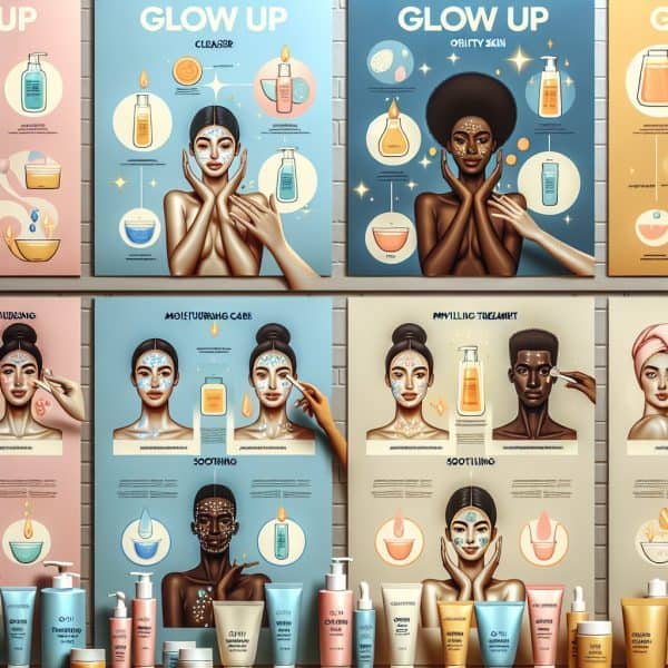 Skincare routine posters with illustrated women and products