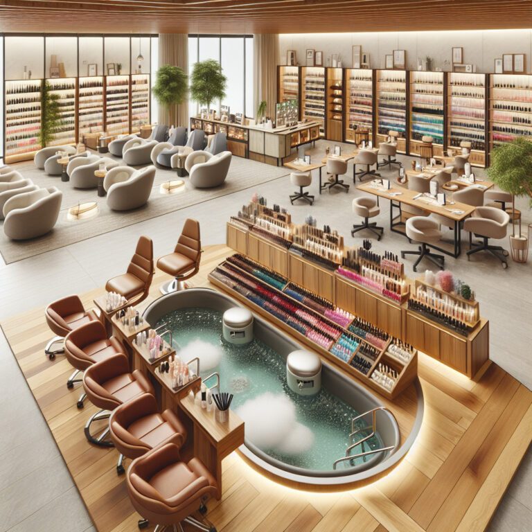 Modern nail salon with pedicure spa and polish displays
