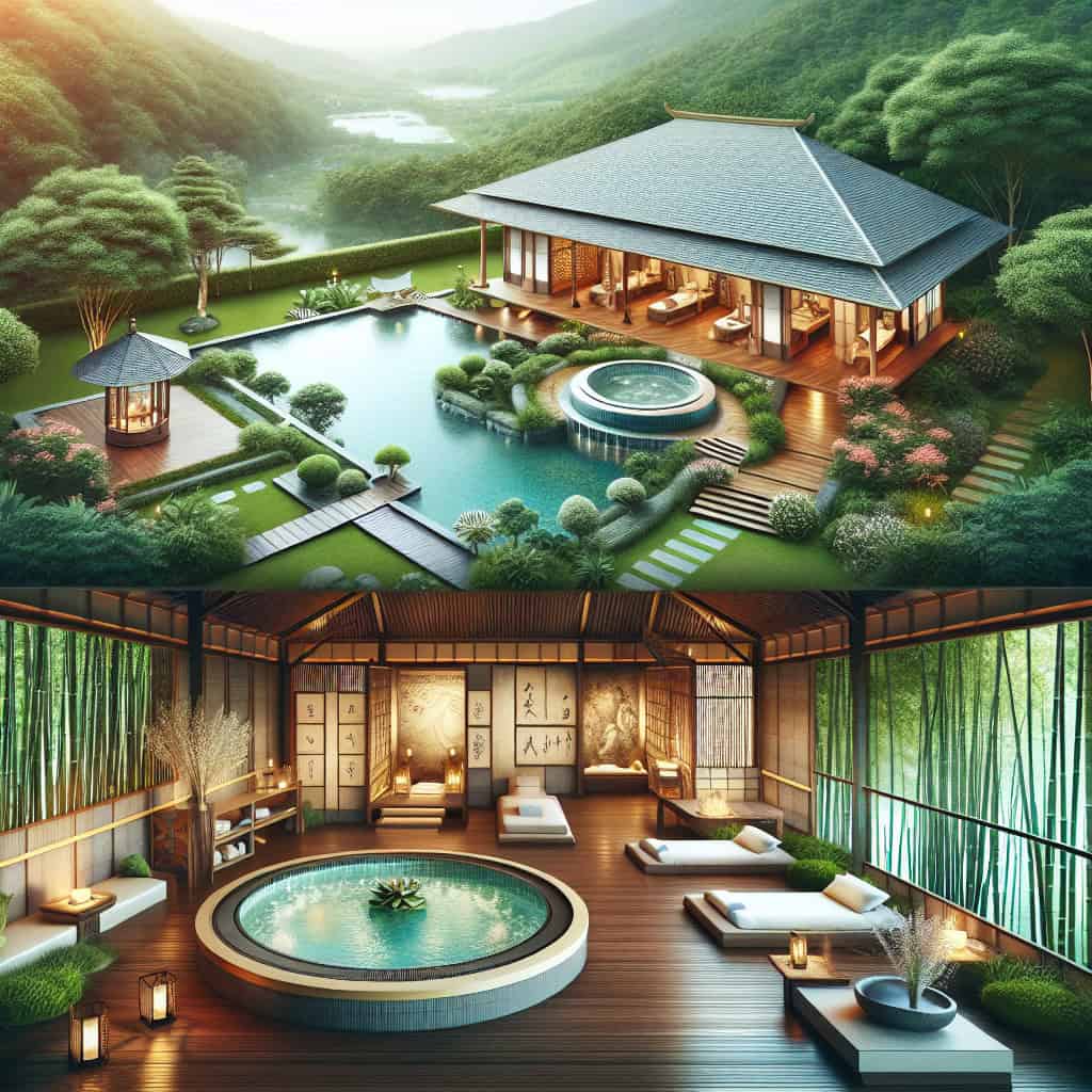 Luxury Japanese-style villa with garden pond and spa
