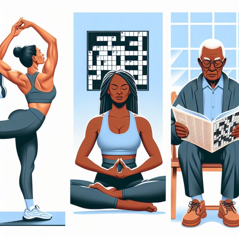 Woman stretching, meditating, and man reading crossword