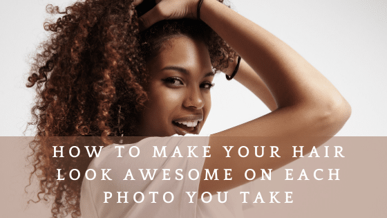 Smiling woman with curly hair and styling tips text