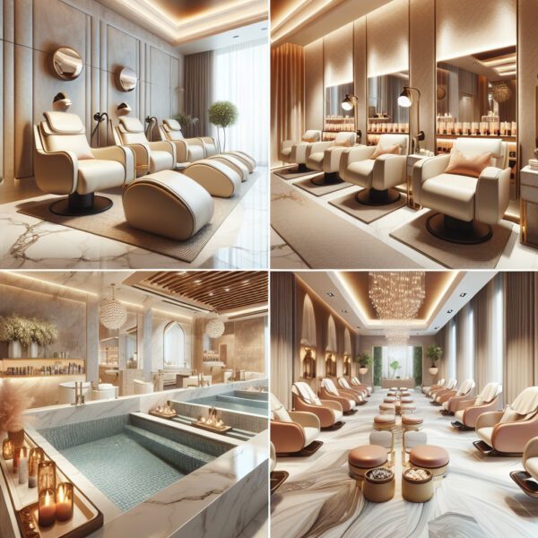 Luxury spa interior with reclining chairs and foot baths