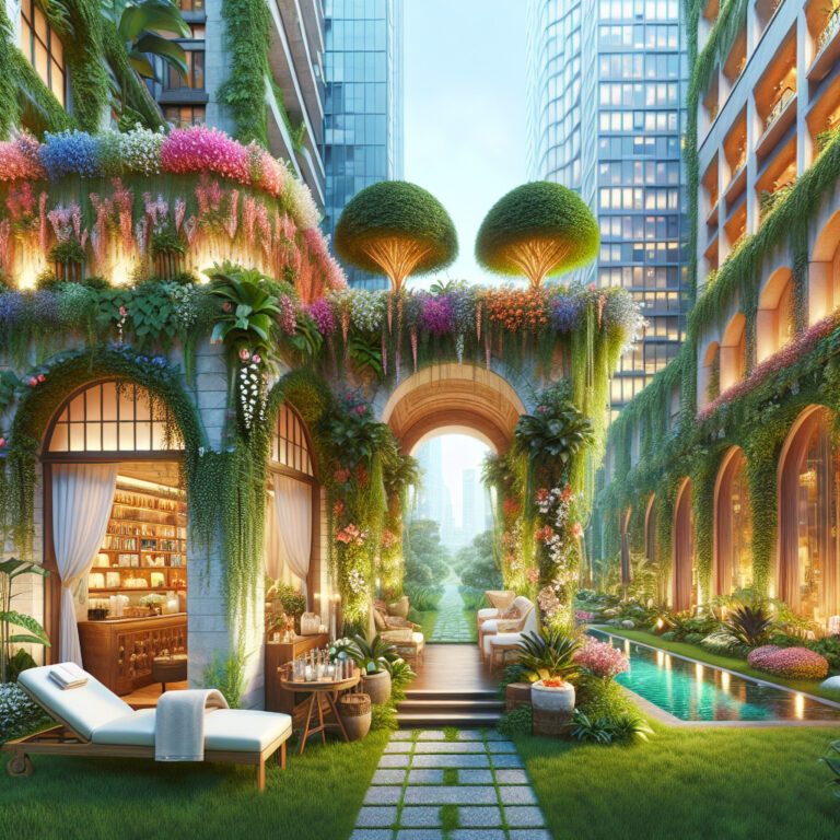 Lush urban garden courtyard with pool and skyscrapers
